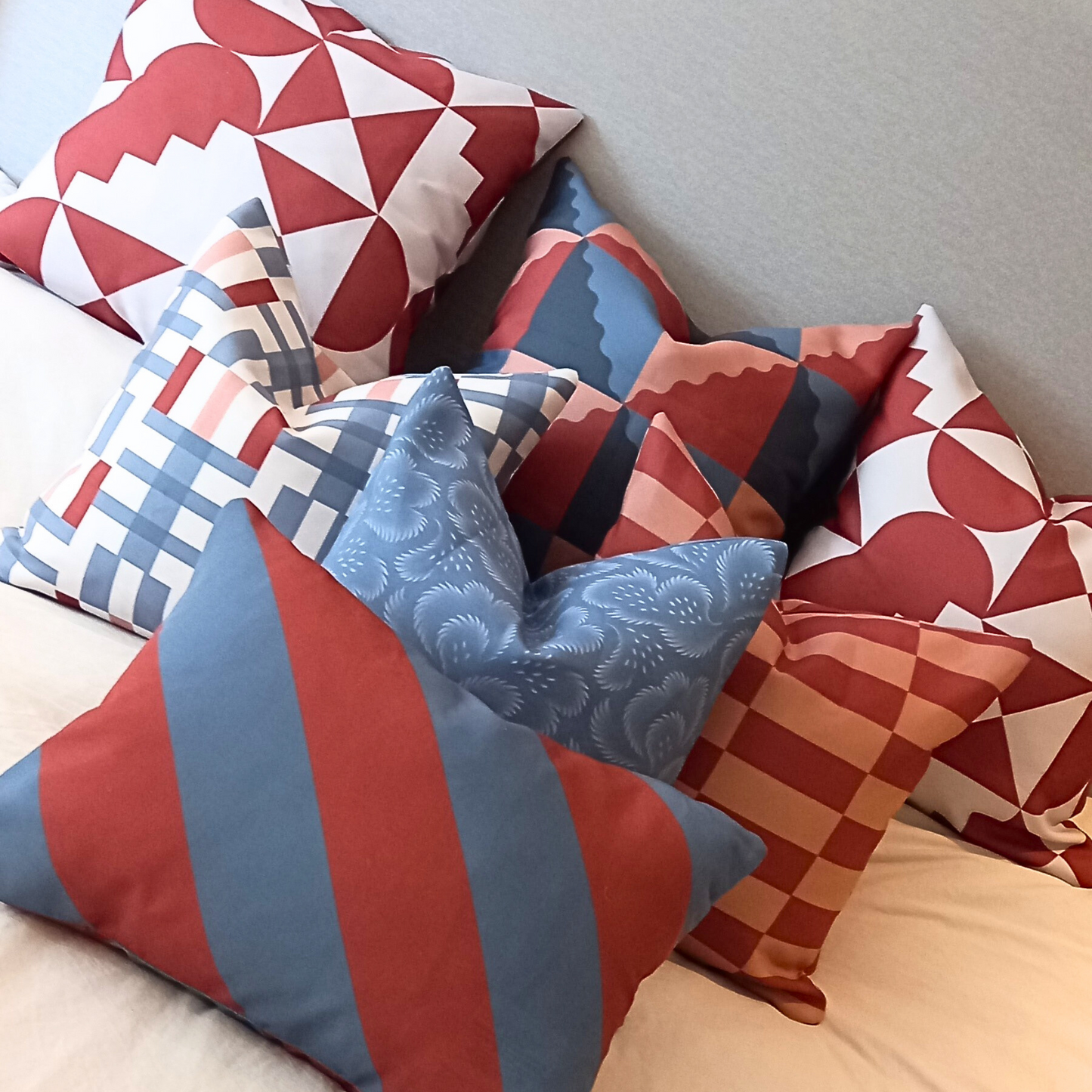 Lumbar Pillow - Orange and Blue Stripe Autumn Cushion