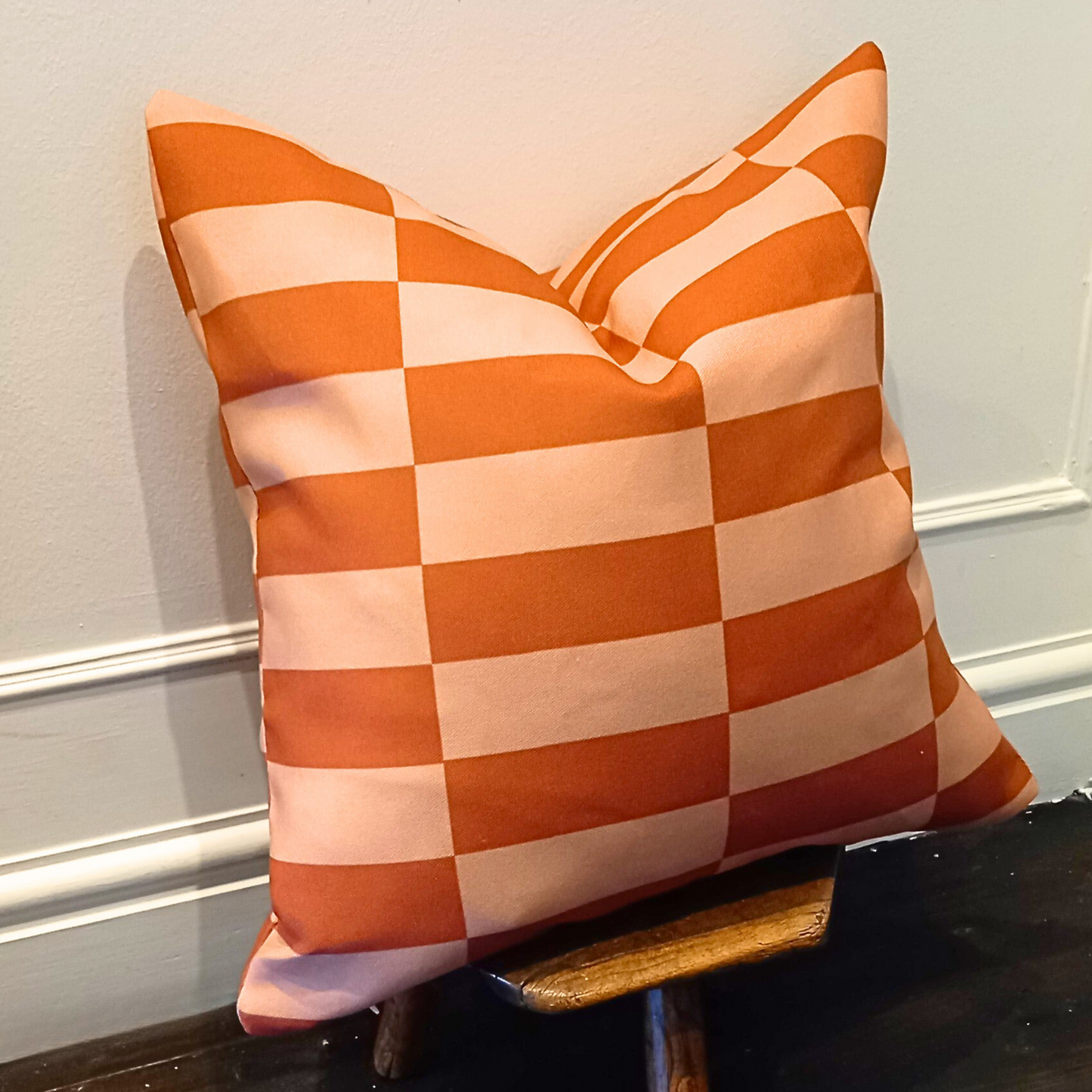 Burnt Orange Checkerboard Cushion – 18" x 18" Sofa Cushion for Grey Sofa, Bedroom, or Living Room