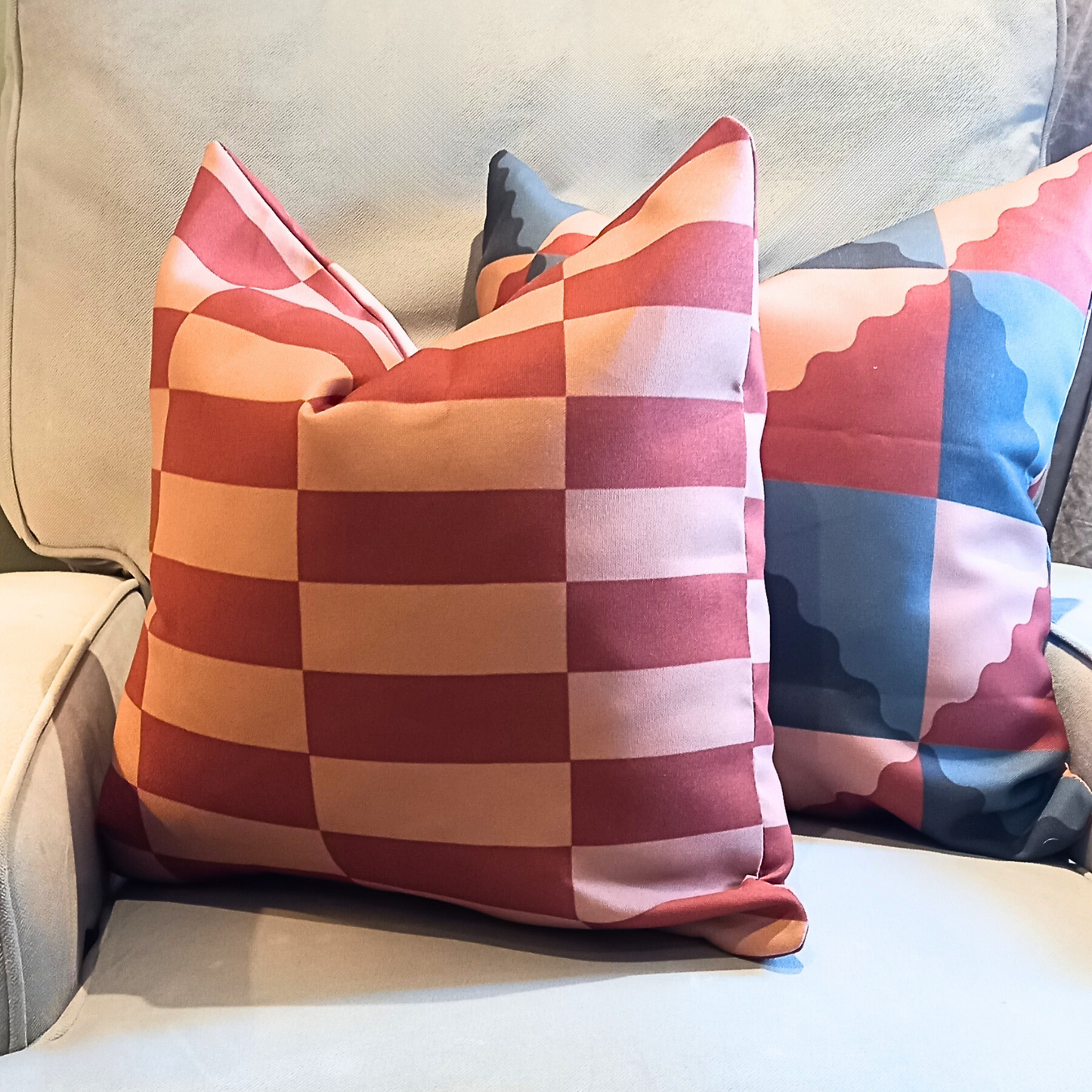 Burnt Orange Checkerboard Cushion – 18" x 18" Sofa Cushion for Grey Sofa, Bedroom, or Living Room