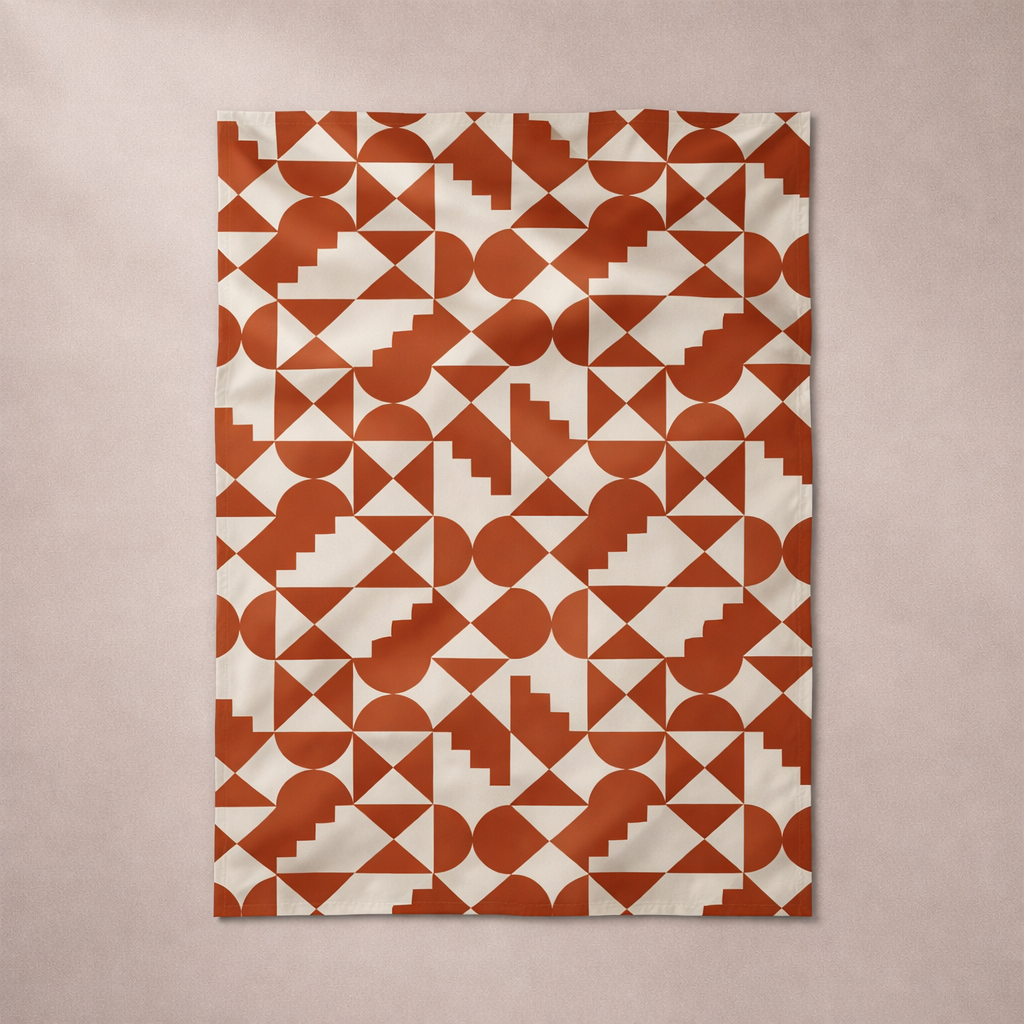 Mid-Century Geometric Tea Towel – Terracotta Contemporary Kitchen