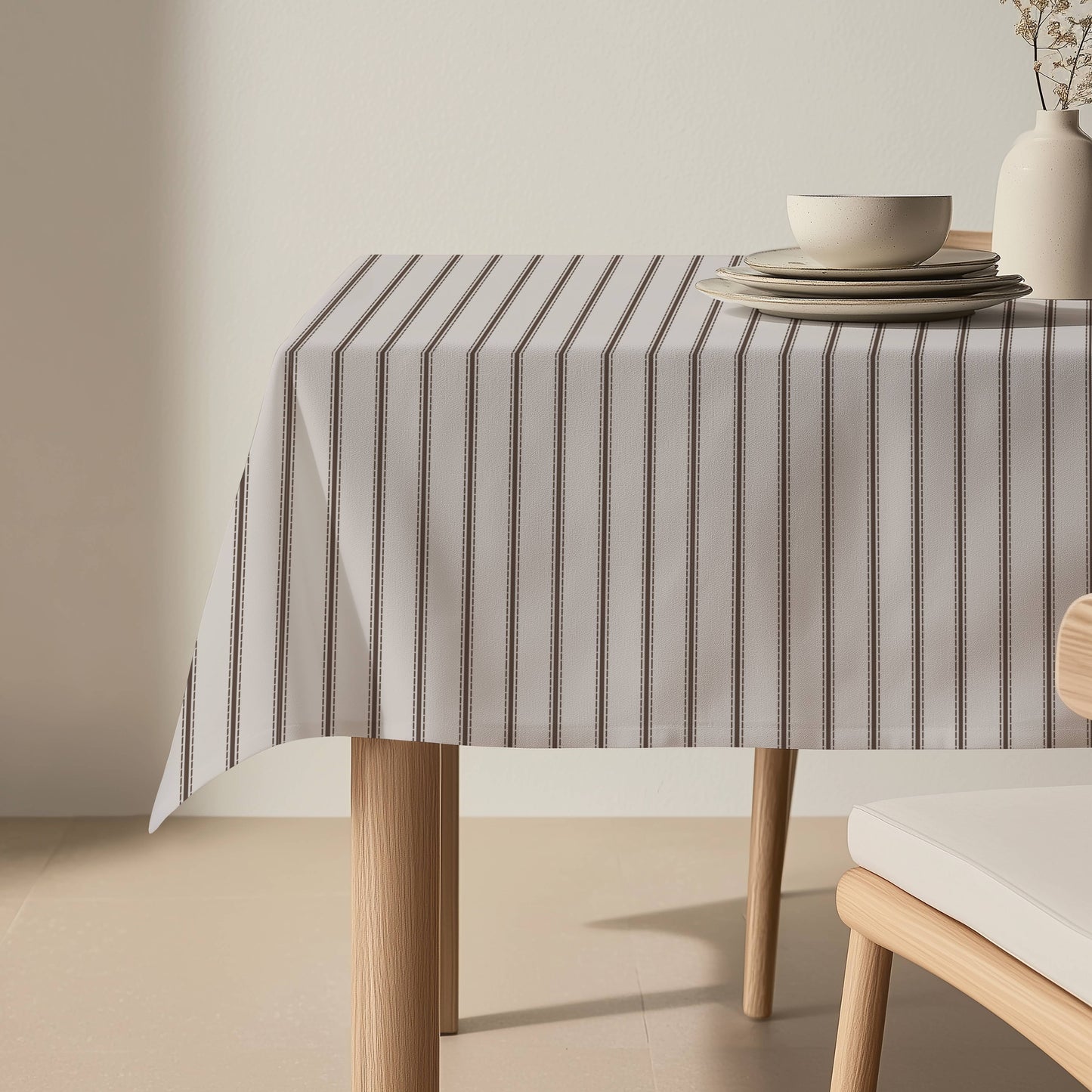 Brown and Beige Stripe Cotton Linen Tablecloth – Neutral Farmhouse