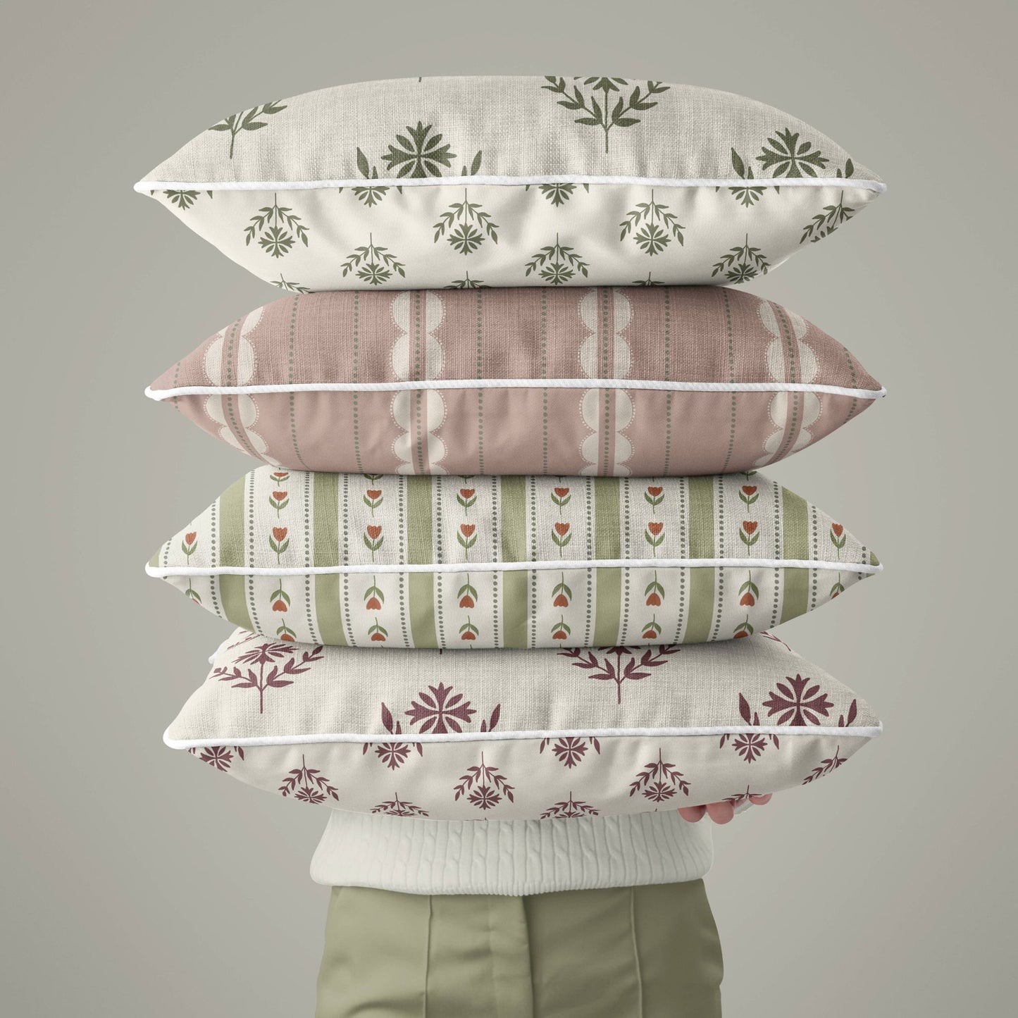 Green Tulip Stripe Linen Cushion Cover