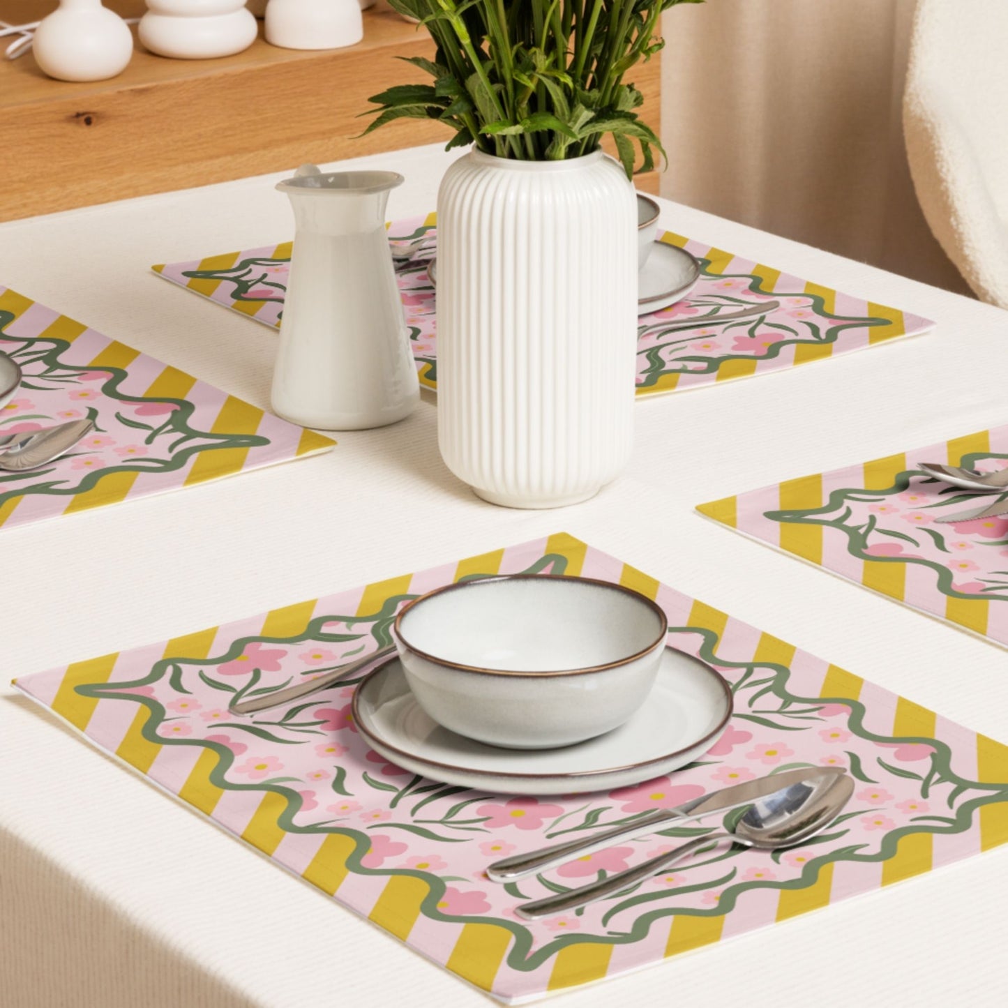 Floral and Stripe Placemat Set, Set of 4