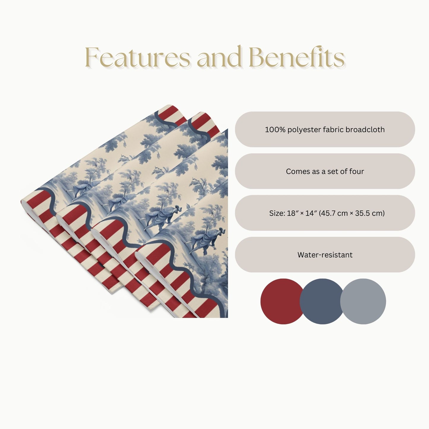 Blue Toile and Red Stripe Placemat Set, set of 4