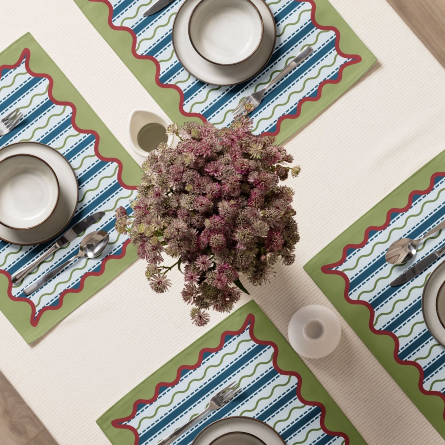 Blue and Green Wavy Stripe Placemat Set, Set of 4