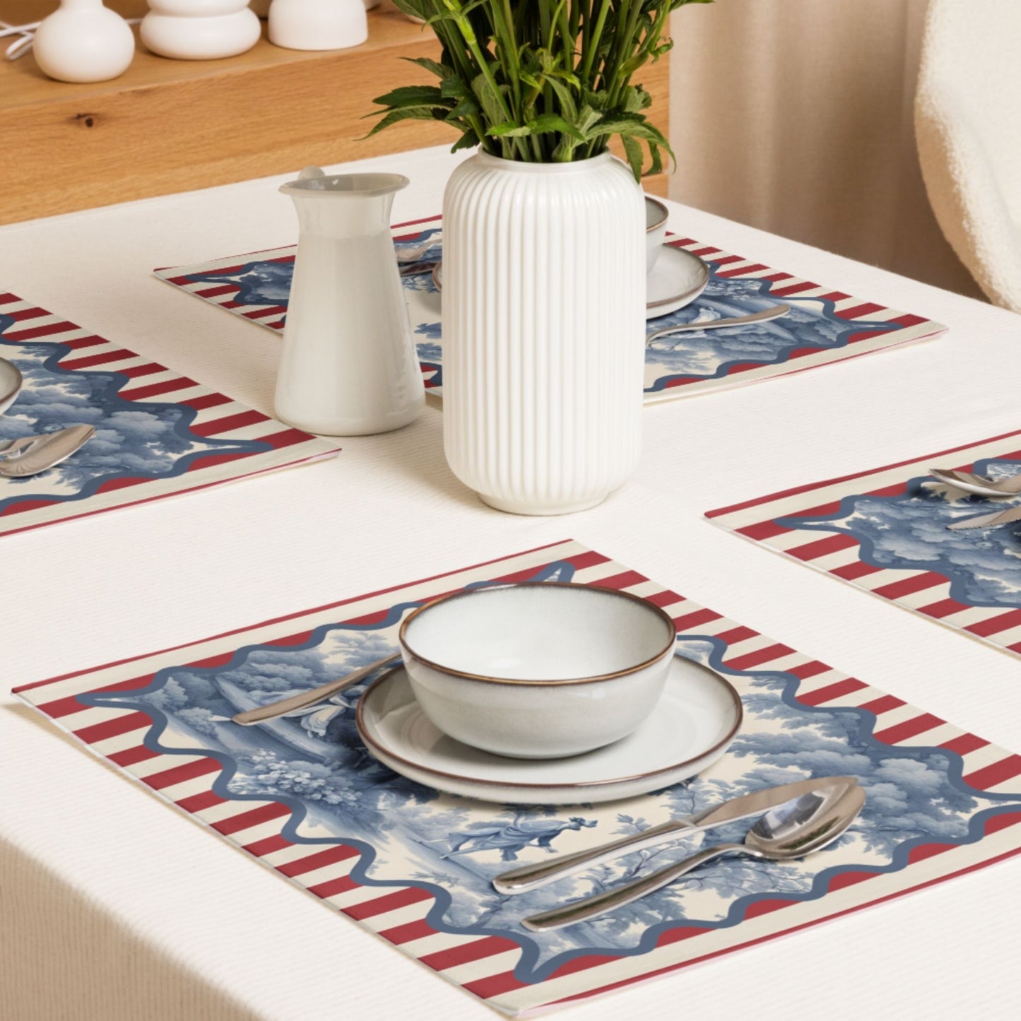 Blue Toile and Red Stripe Placemat Set, set of 4