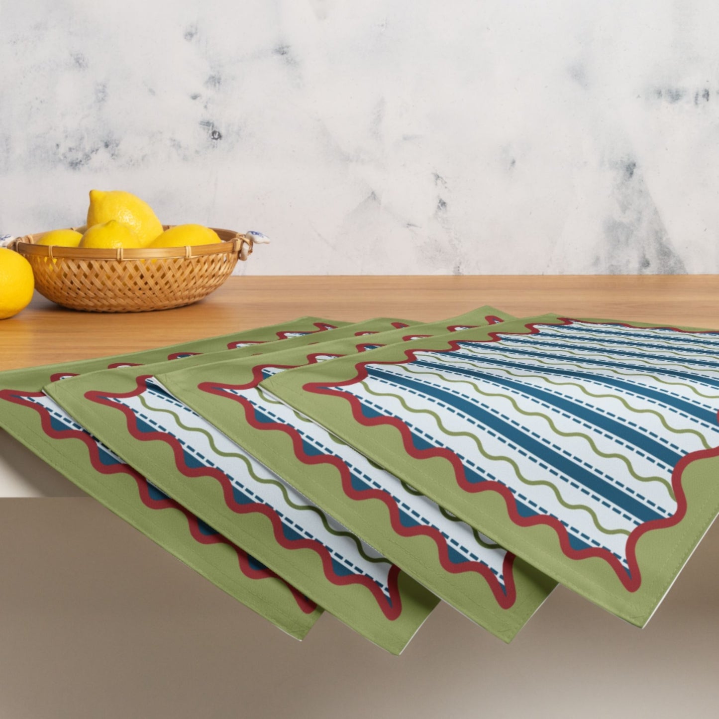 Blue and Green Wavy Stripe Placemat Set, Set of 4
