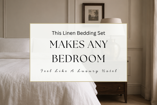 Neutral bedroom featuring luxury white linen bedding, dark wood bedside table, brass statement lamp and elegant Georgian wall panelling creating a calm boutique hotel style bedroom.