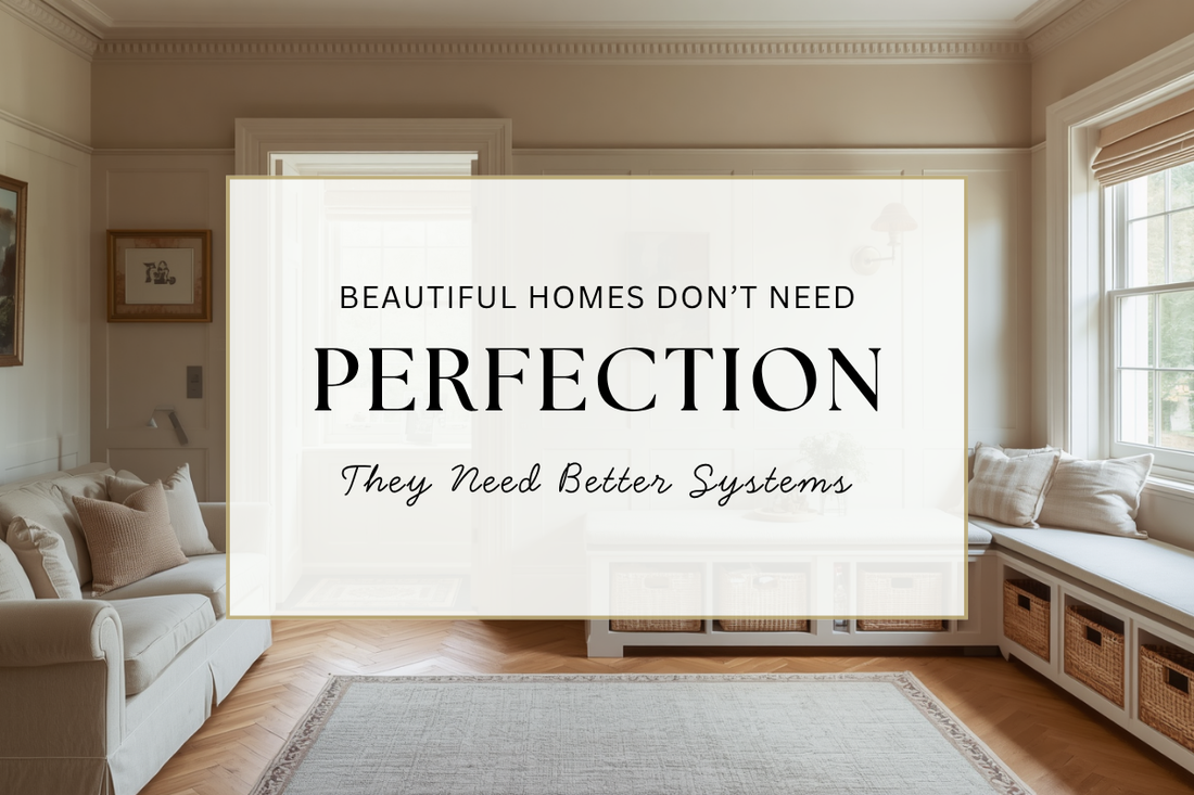 Beautiful neutral family home interior featuring timeless furniture, hidden storage solutions, warm lighting and thoughtfully designed organisation systems creating a calm and peaceful everyday living space.
