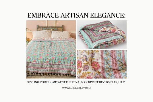 Keya Blockprint Quilt styled with natural home décor including jute rug, handcrafted vases, and rustic wooden furniture for a cozy, eco-friendly interior
