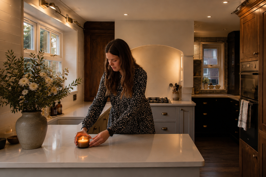 Interior designer Elise Ashley lighting a candle in a warm, lived-in family kitchen with timber cabinetry and soft ambient lighting.