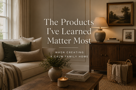Beautiful neutral family home interior with linen sofa, warm brass lighting, natural wood furniture, woven storage baskets and timeless styling designed to create a calm and organised everyday living space.