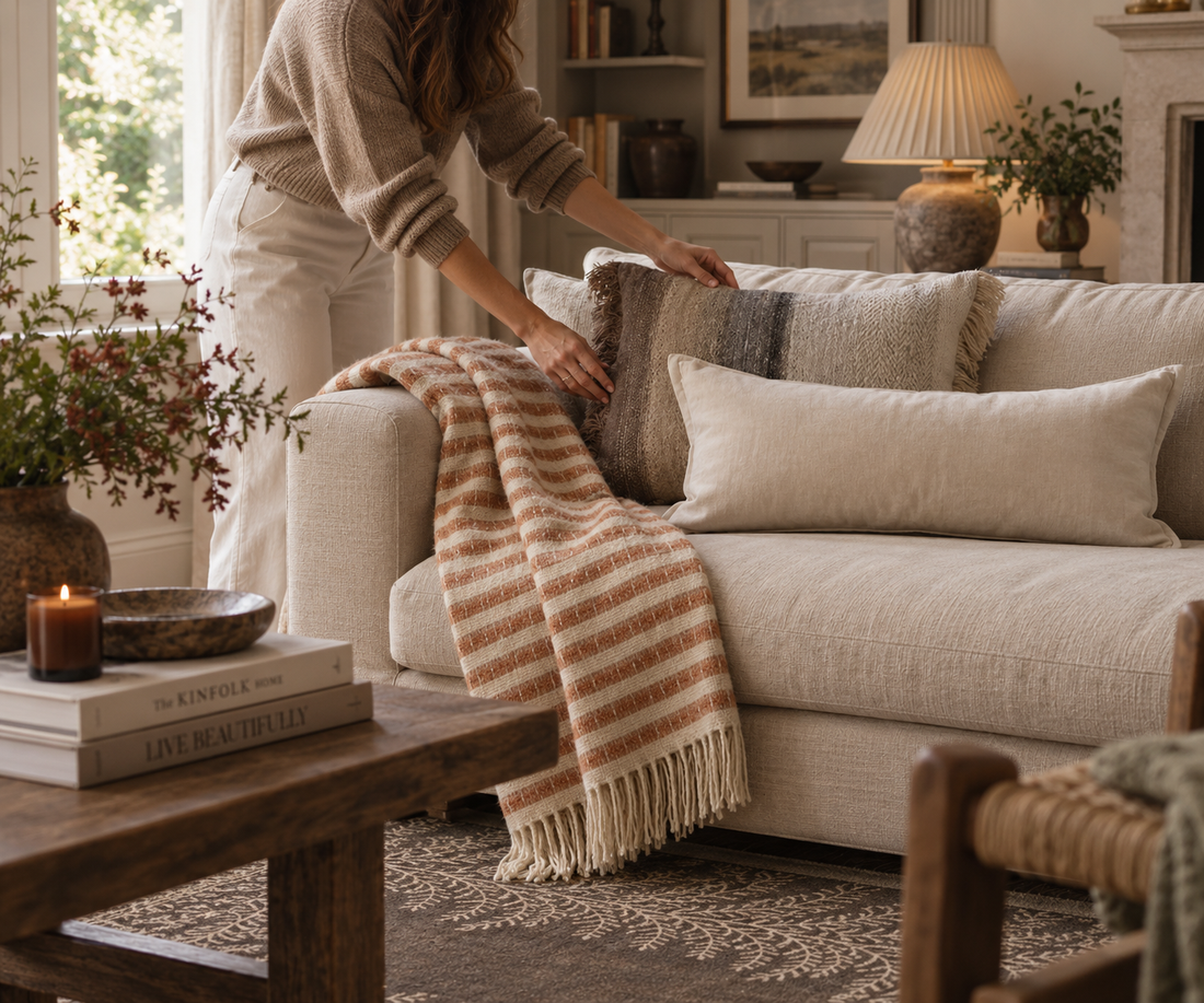 Woman styling a cream sofa with a rust striped wool throw, cream lumbar cushion and mocha ombré cushion in a warm, layered living room.
