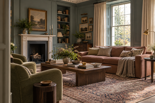 Colourful Modern Heritage living room with blue-grey walls, dusty rose sofa, olive armchairs and a traditional patterned rug