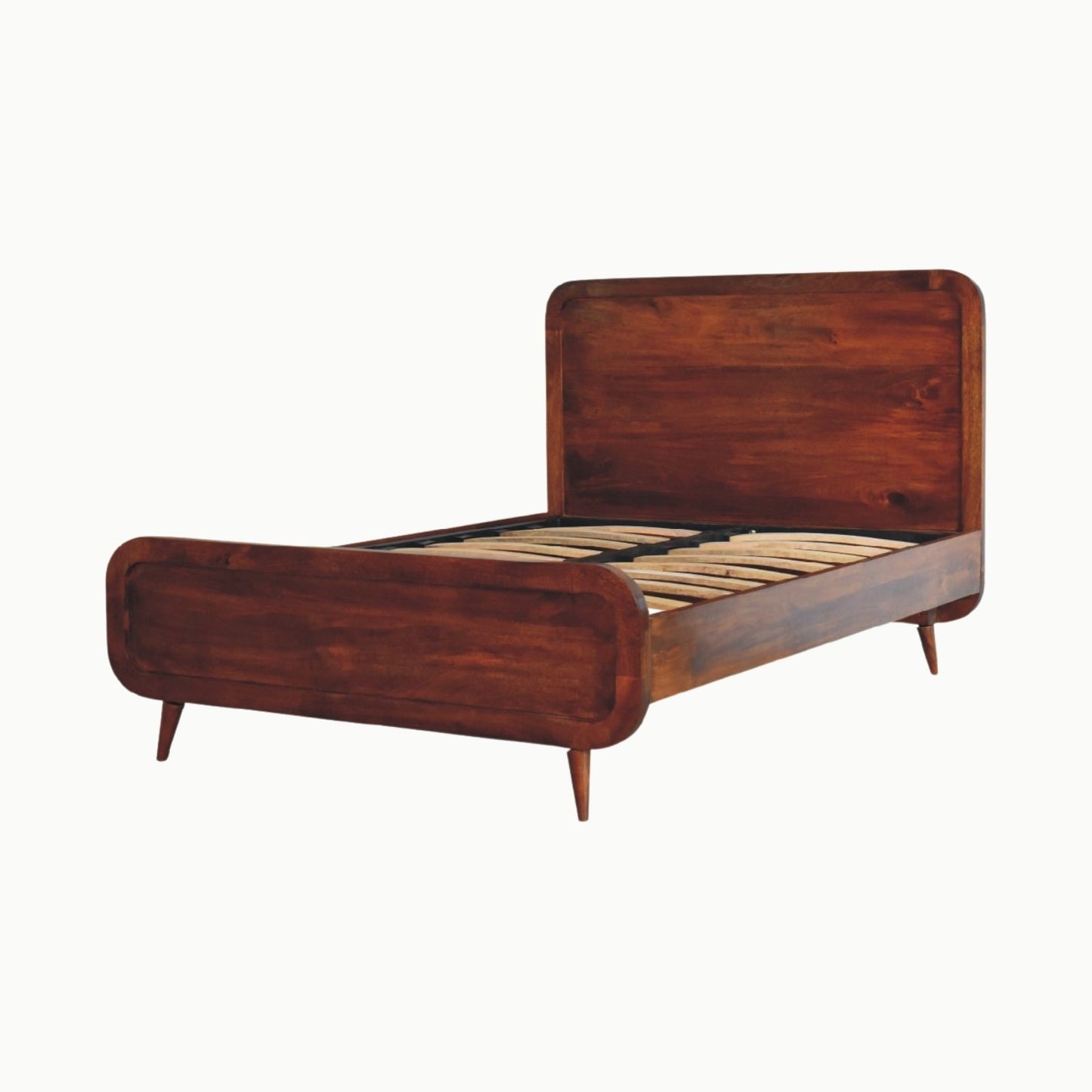 Curved Chestnut Double Bed, crafted from solid mango wood with a rich chestnut finish. Features a curved headboard, sturdy metallic frame & Nordic-style legs.