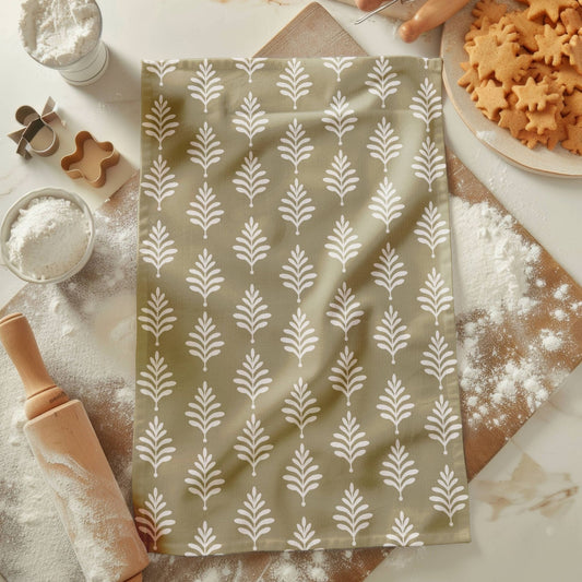 Sage Green Block Print Cotton Linen Tea Towel