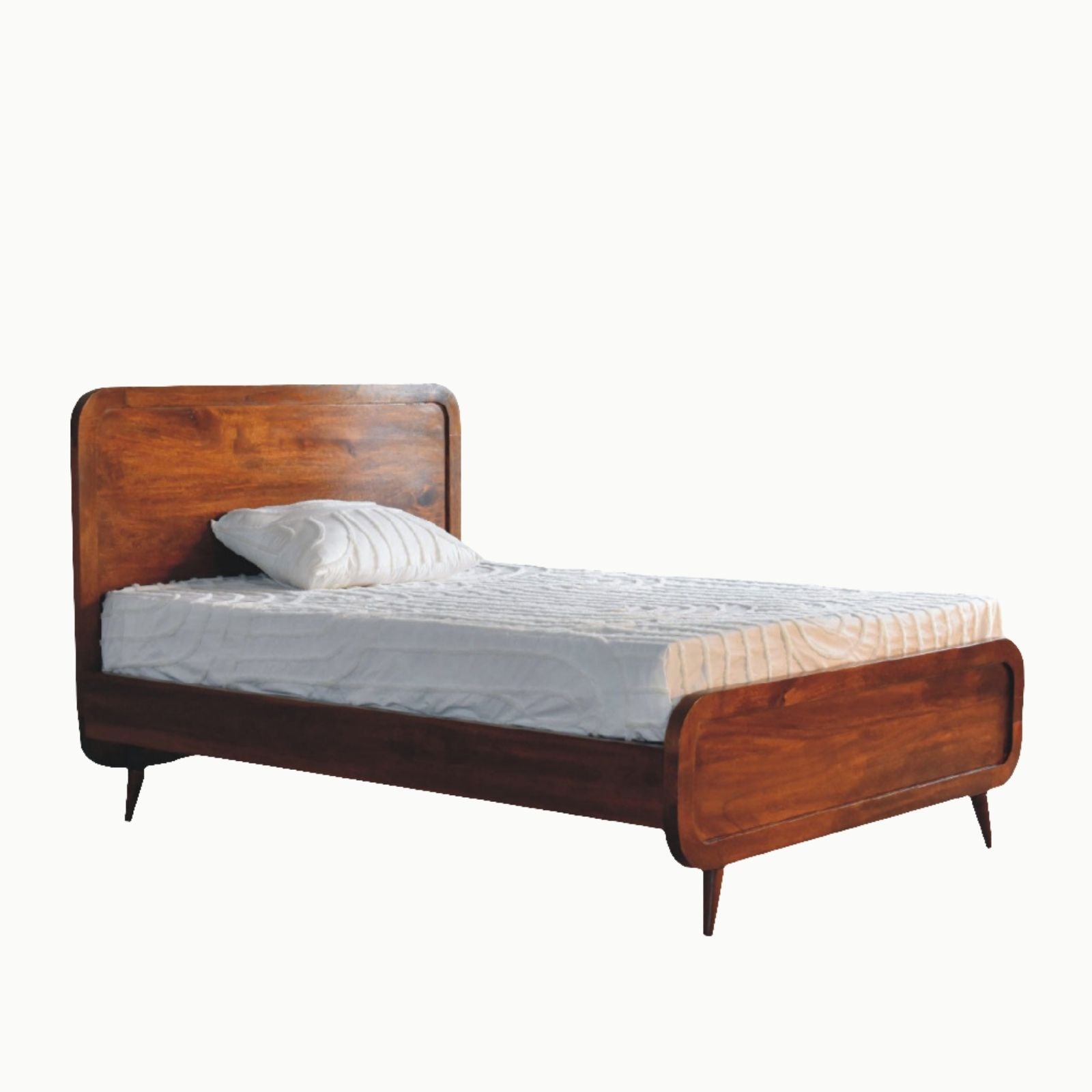 Curved Chestnut Double Bed, crafted from solid mango wood with a rich chestnut finish. Features a curved headboard, sturdy metallic frame & Nordic-style legs.