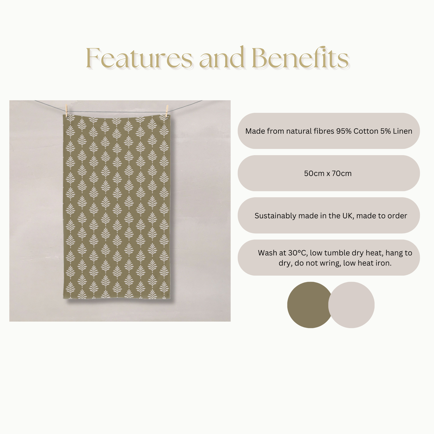 Sage Green Block Print Cotton Linen Tea Towel