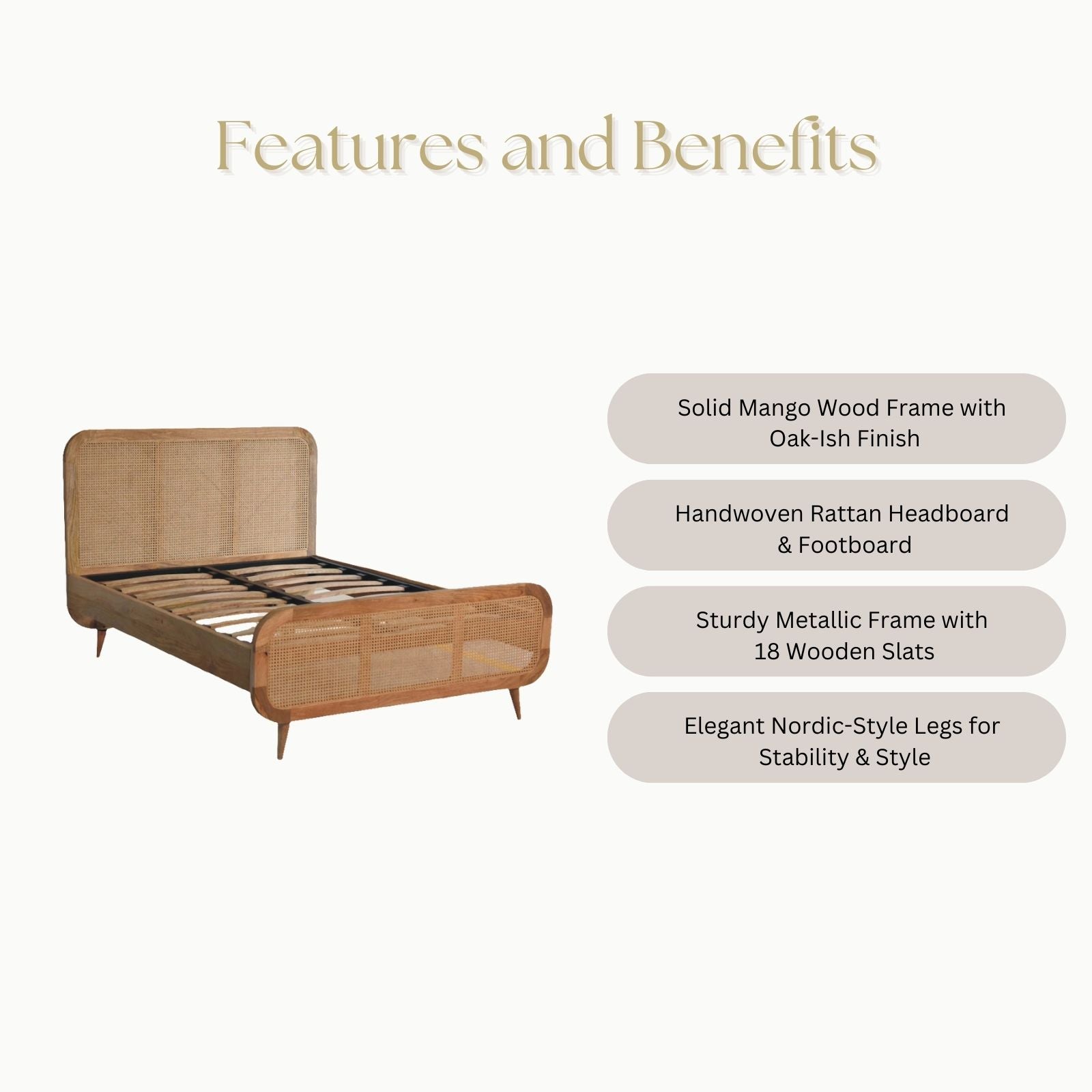 Rattan Bed, crafted from solid mango wood with a handwoven rattan headboard and footboard. Sturdy metallic frame, Nordic-style legs & timeless design.