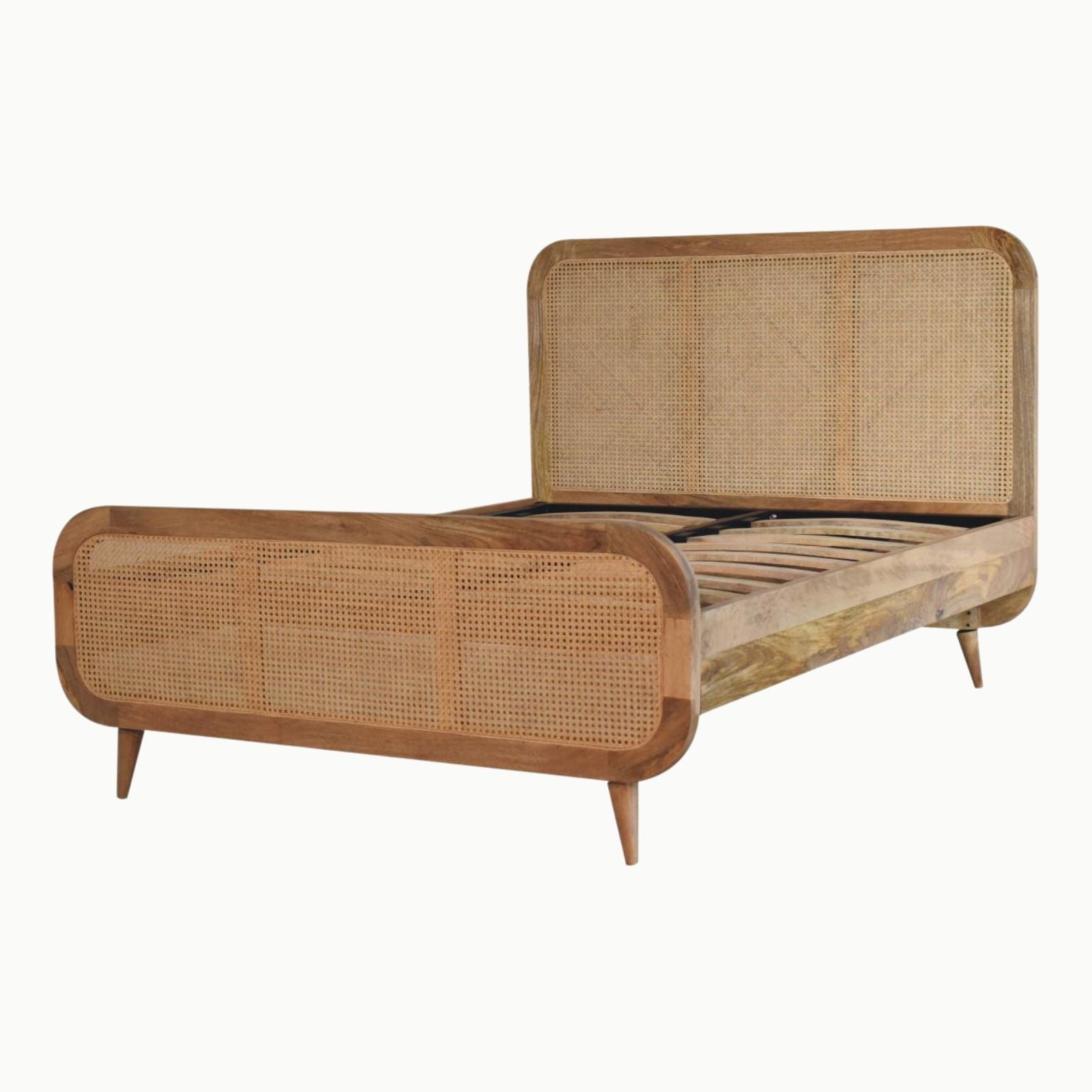 Rattan Bed, crafted from solid mango wood with a handwoven rattan headboard and footboard. Sturdy metallic frame, Nordic-style legs & timeless design.