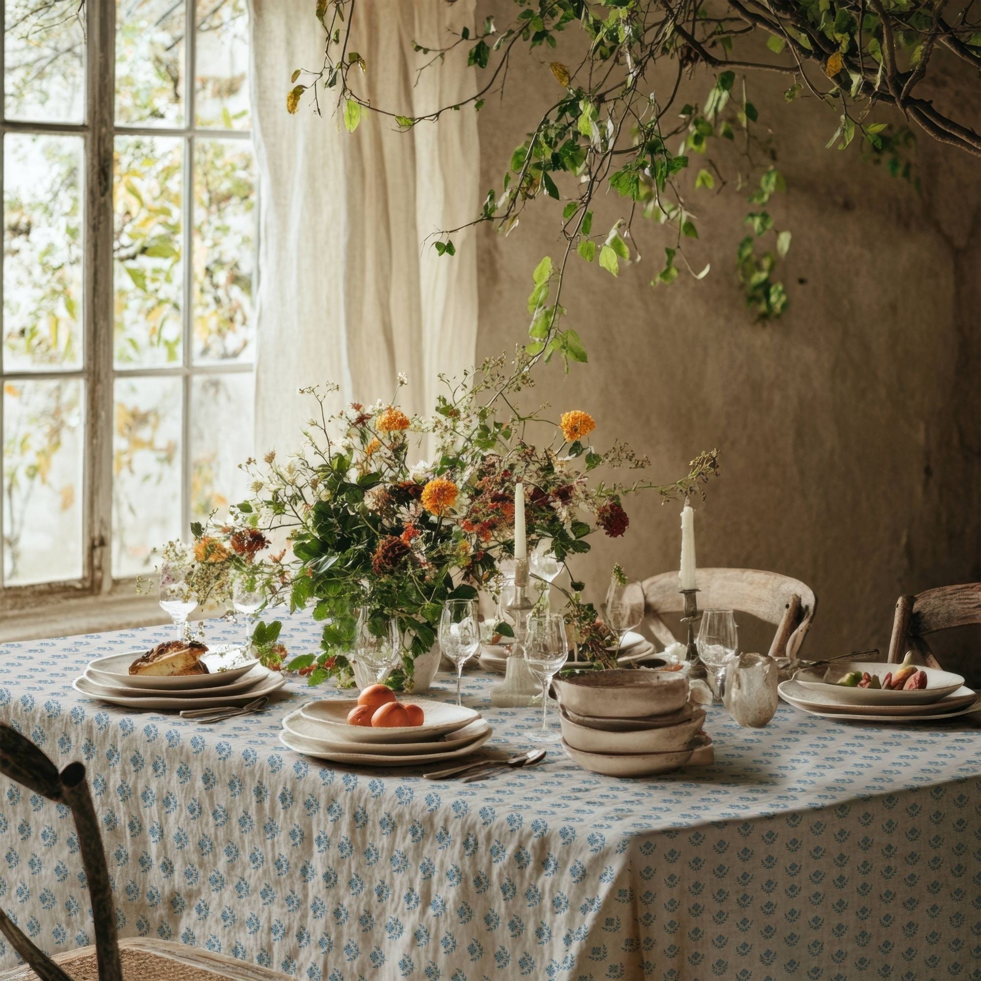 Blue Floral Block Print Cotton Linen Tablecloth