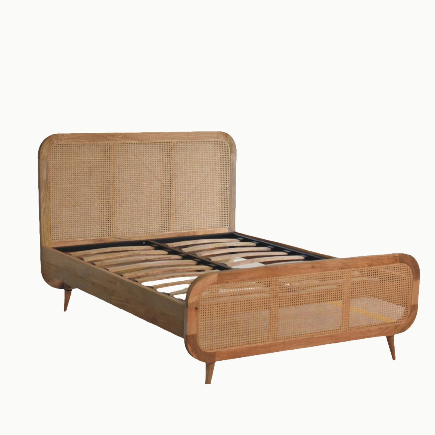 Rattan Bed, crafted from solid mango wood with a handwoven rattan headboard and footboard. Sturdy metallic frame, Nordic-style legs & timeless design.