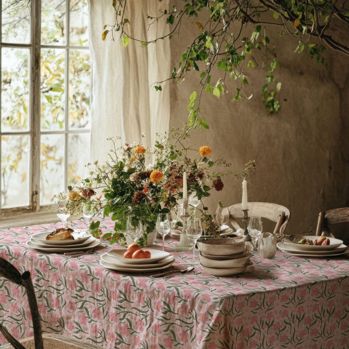 Pink and Green Floral Cotton Linen Tablecloth