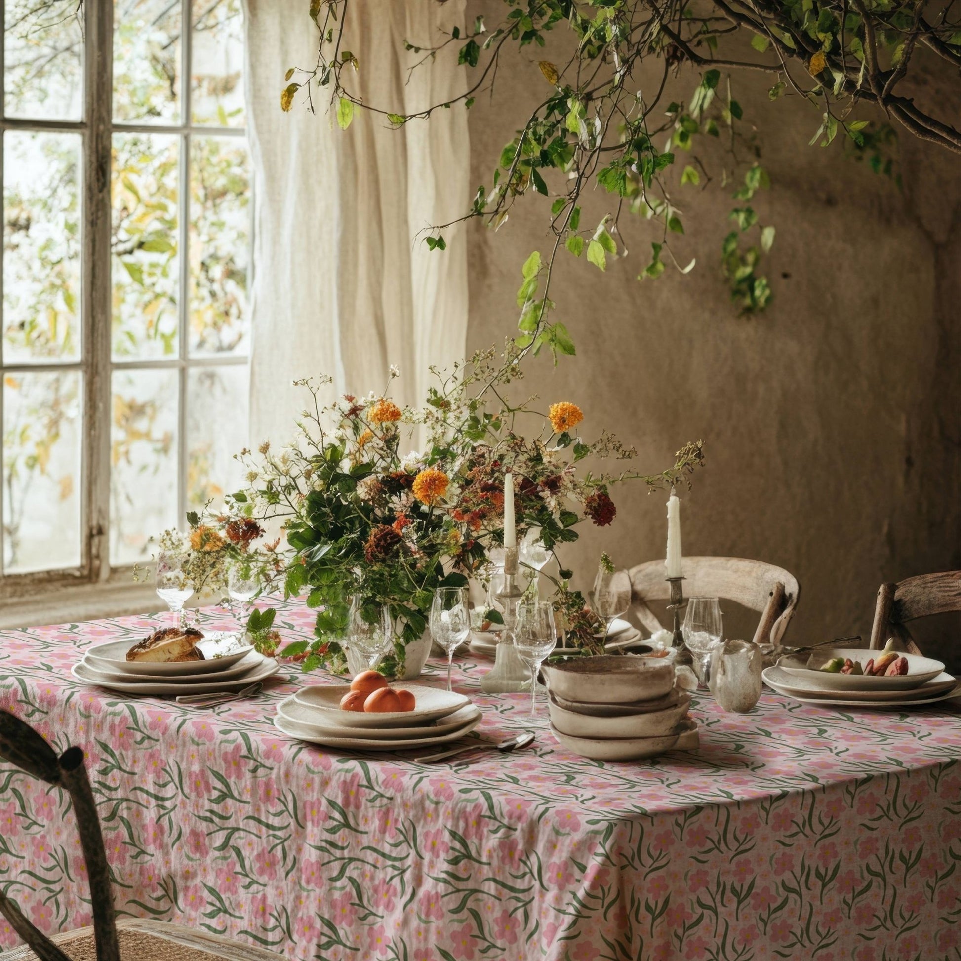Pink and Green Floral Cotton Linen Tablecloth