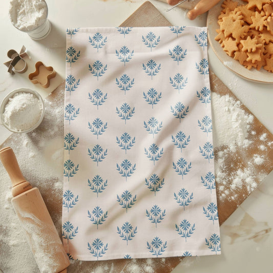 Floral Blue Block Print Tea Towel