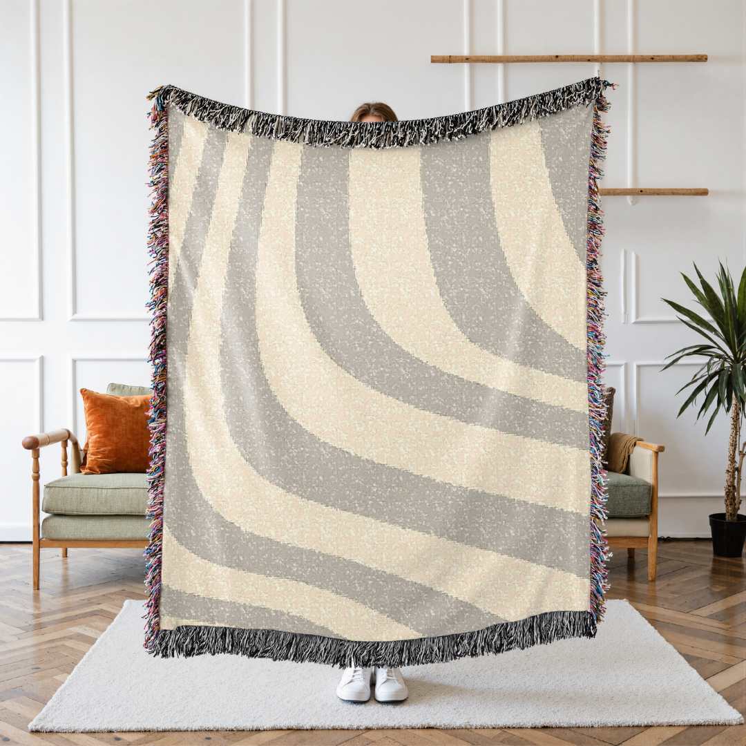 Beige Woven Cotton Throw Blanket – 60 x 80 Inches (152 x 203 cm)