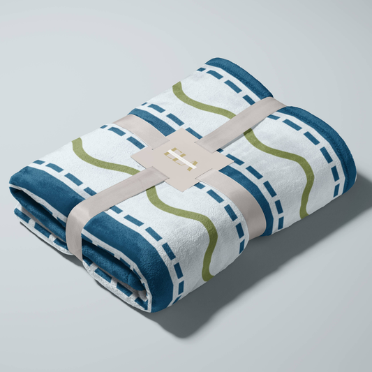 Velveteen Blanket with Blue Stripes and Green Waves