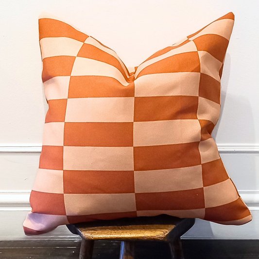 Burnt Orange Checkerboard Cushion – 18" x 18" Sofa Cushion for Grey Sofa, Bedroom, or Living Room
