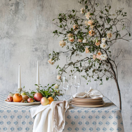Blue Floral Block Print Cotton Linen Tablecloth