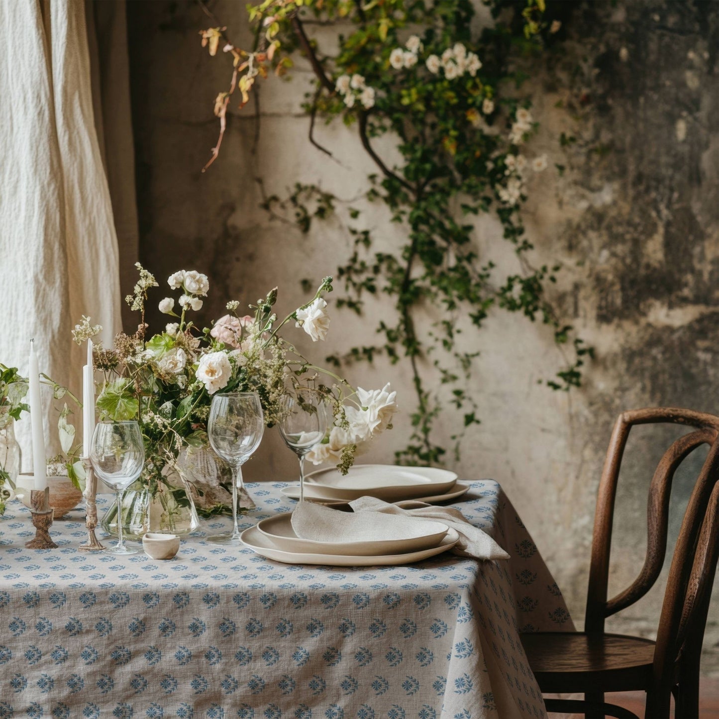 Blue Floral Block Print Cotton Linen Tablecloth