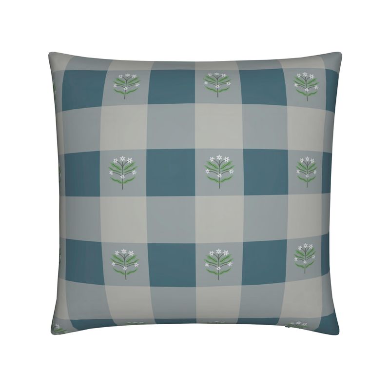 Teal Gingham Flower Cushion - Cotton Linen Fabric - 50x35cm