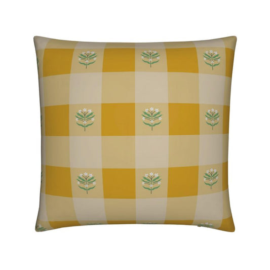 Mustard Gingham Flower Cushion - Cotton Linen Fabric - 50x35cm