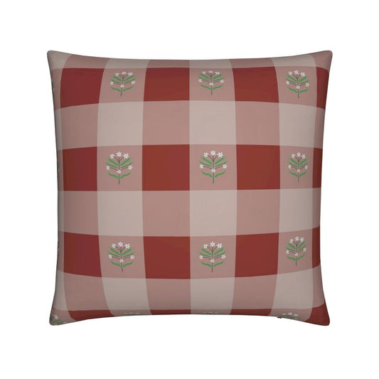 Red Gingham Flower Cushion - Cotton Linen Fabric - 40x40cm