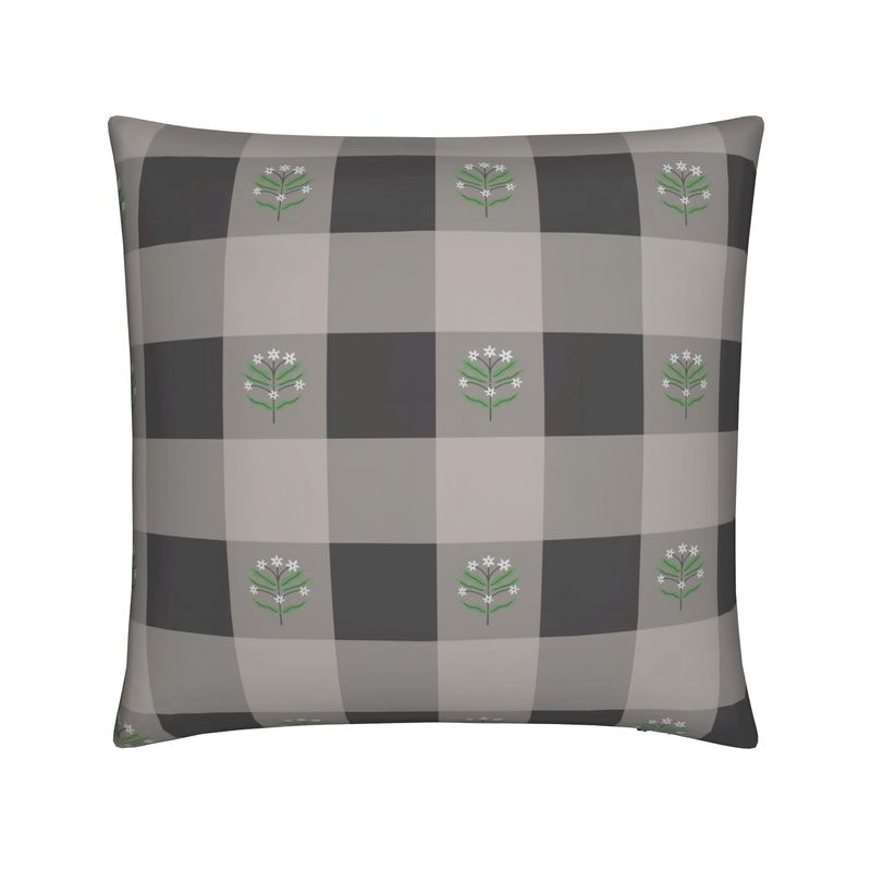 Grey Gingham Flower Cushion - Cotton Linen Fabric - 40x40cm