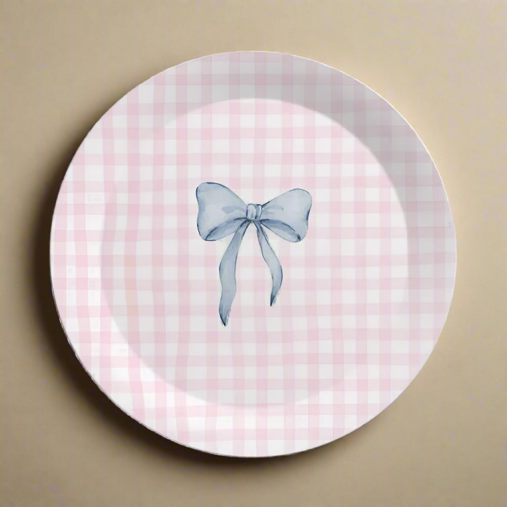 Pink Gingham & Blue Bow Party Plates – Chic, Unbreakable & Sustainable