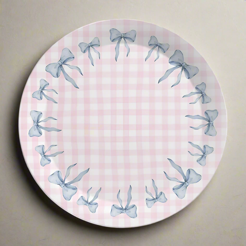 Pink Gingham & Blue Bow Party Plates – Chic, Unbreakable & Sustainable