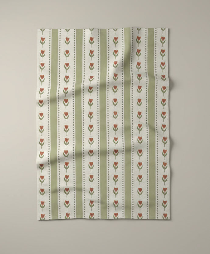 Green Stripe Tulip Cotton Linen Tea Towel
