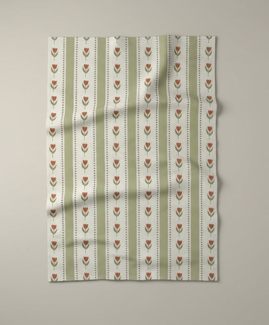 Green Stripe Tulip Cotton Linen Tea Towel