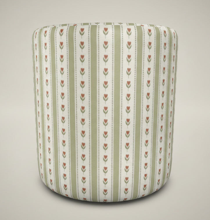 Round Floral Upholstered Footstool – Sage & Terracotta Velour Ottoman