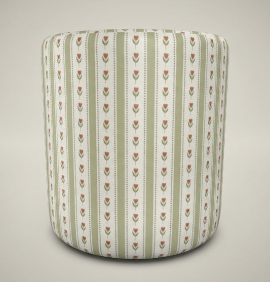 Round Floral Upholstered Footstool – Sage & Terracotta Velour Ottoman