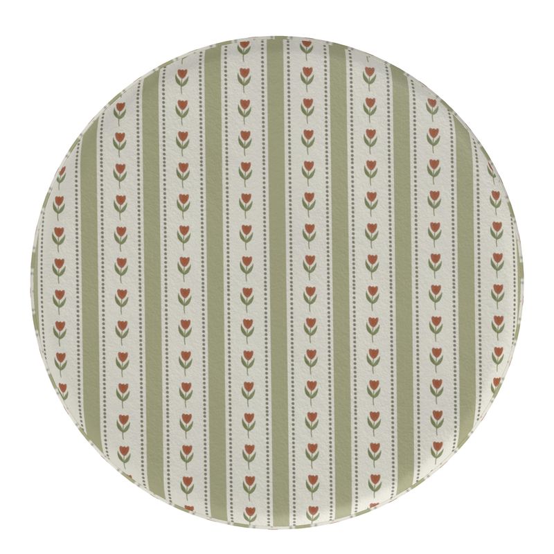 Round Floral Upholstered Footstool – Sage & Terracotta Velour Ottoman