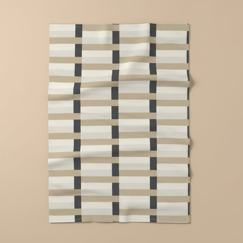 Modern Geometric Beige & Black Tea Towel – Contemporary Minimalist