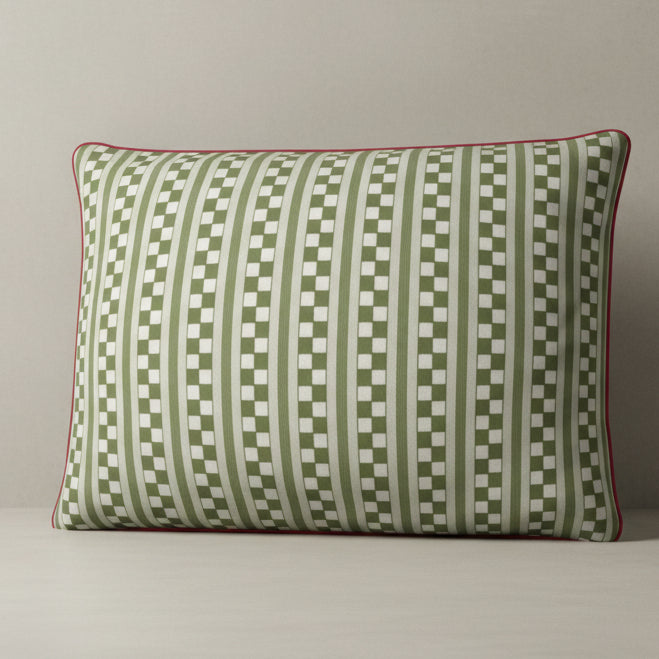 Green Stripe Cushion with Cerise Piping – Cotton Twill | Handmade