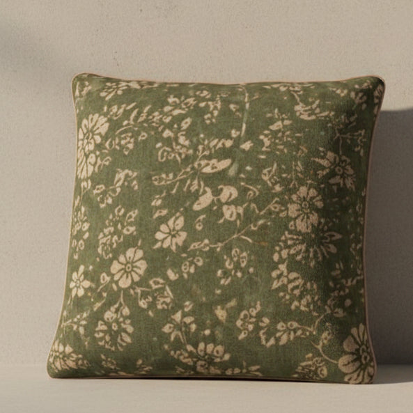 Olive Floral Cotton Linen Cushion | 50 x 50 cm