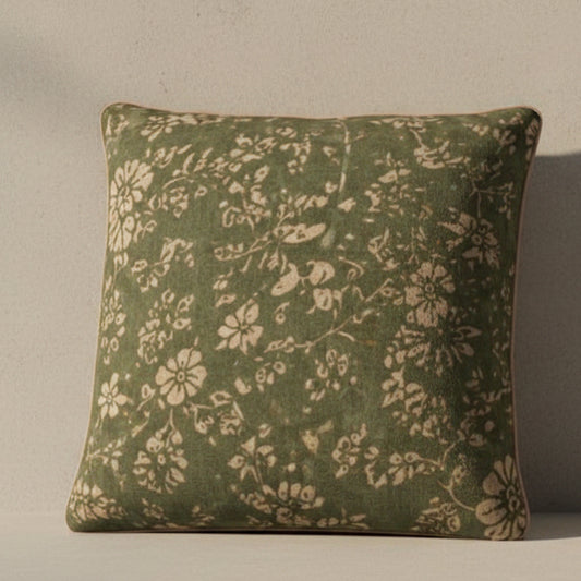 Olive Floral Cotton Linen Cushion | 50 x 50 cm