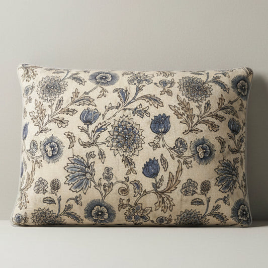 Elowen Block Print Cushion – Soft Indigo & Linen